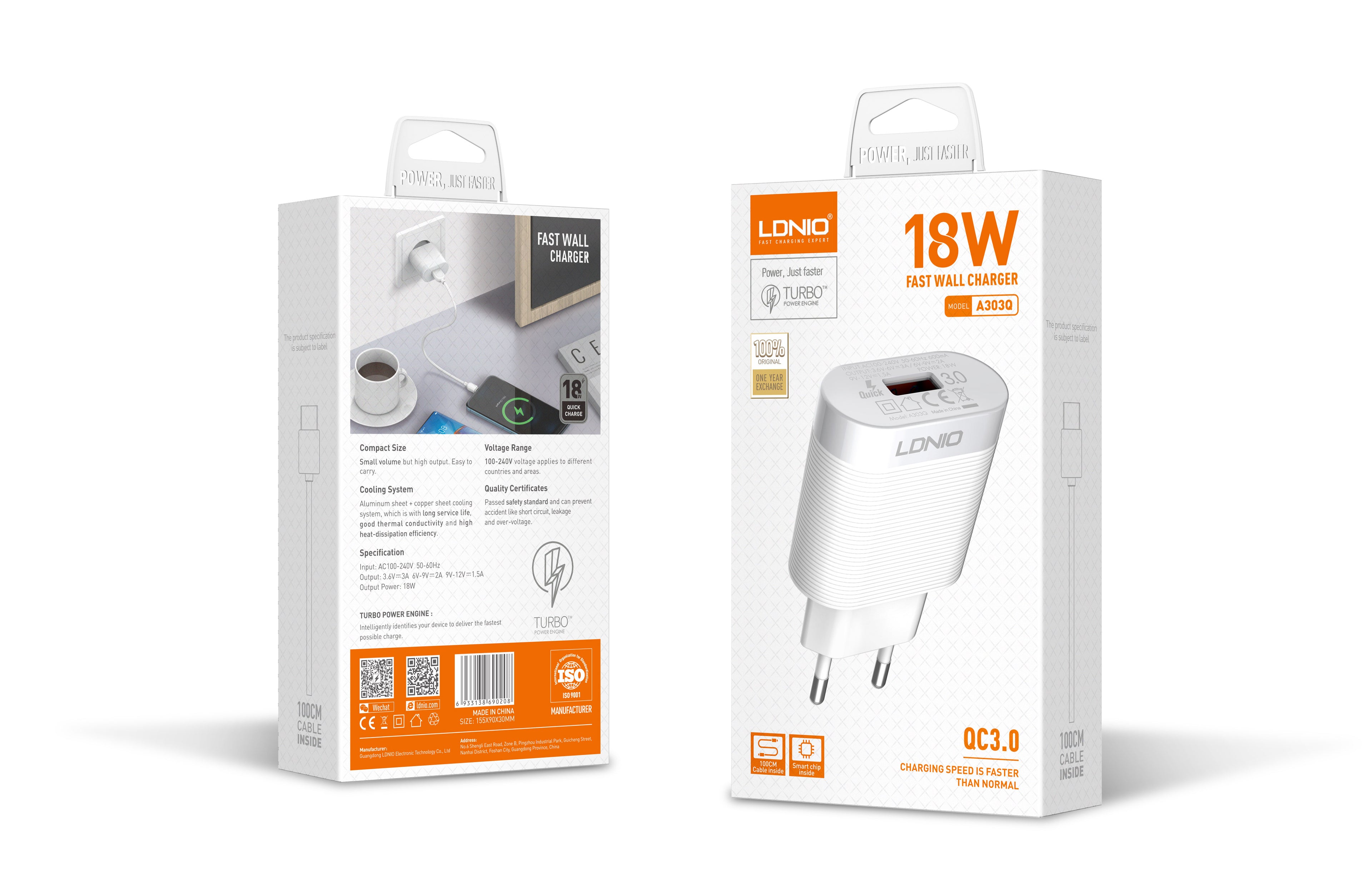 Cargador Rápido LDNIO A303Q 18W QC3.0 con Cable USB-C