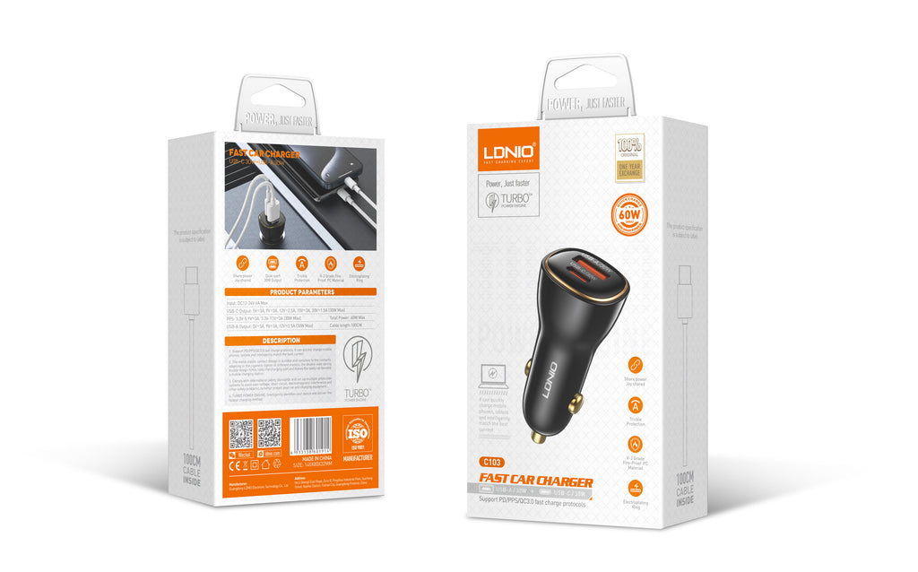 Cargador de Coche LDNIO C103 60W USB-C y USB-A con Carga Rápida