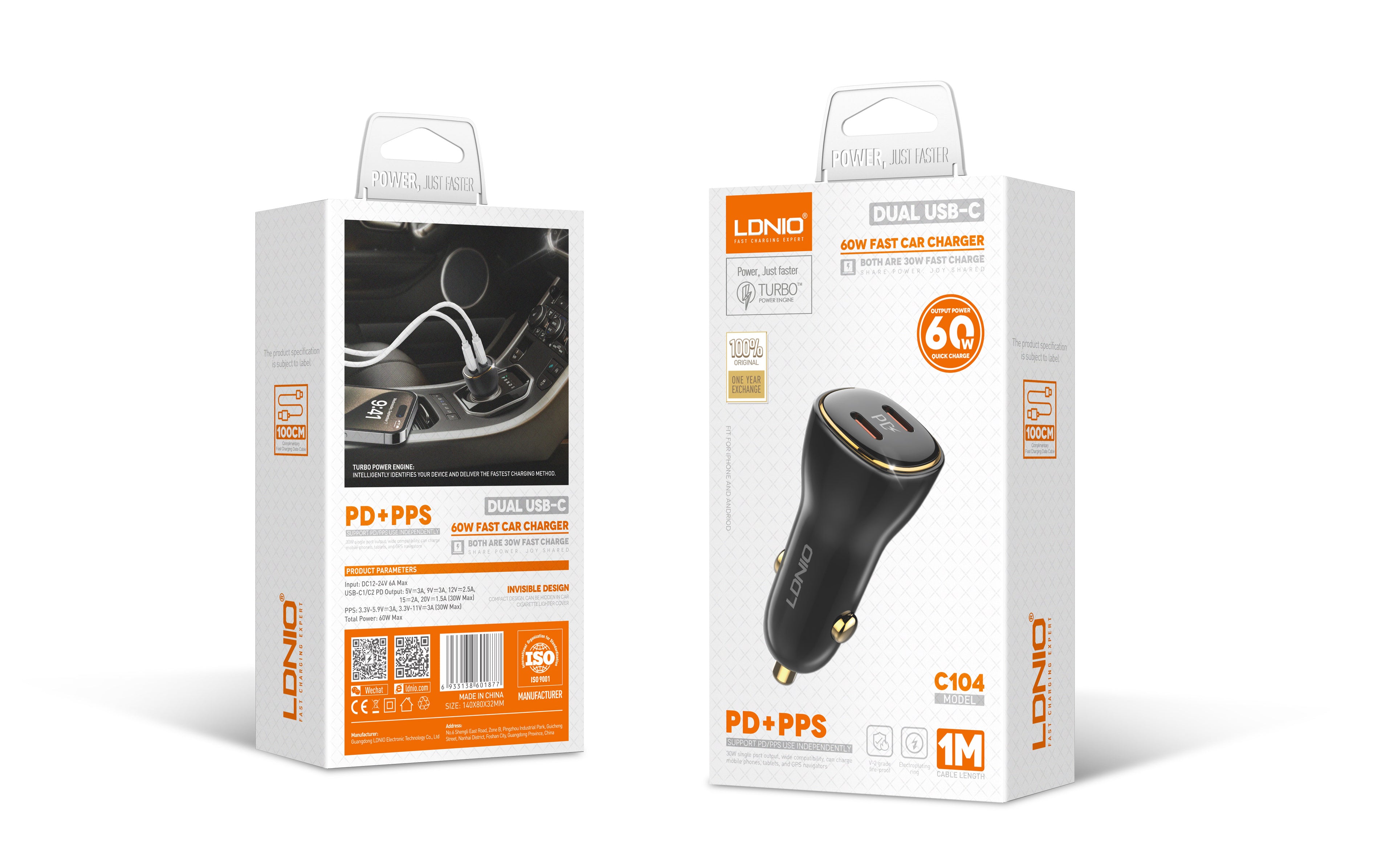 Cargador de Coche LDNIO C104 60W Dual USB-C con Carga Rápida PD + PPS