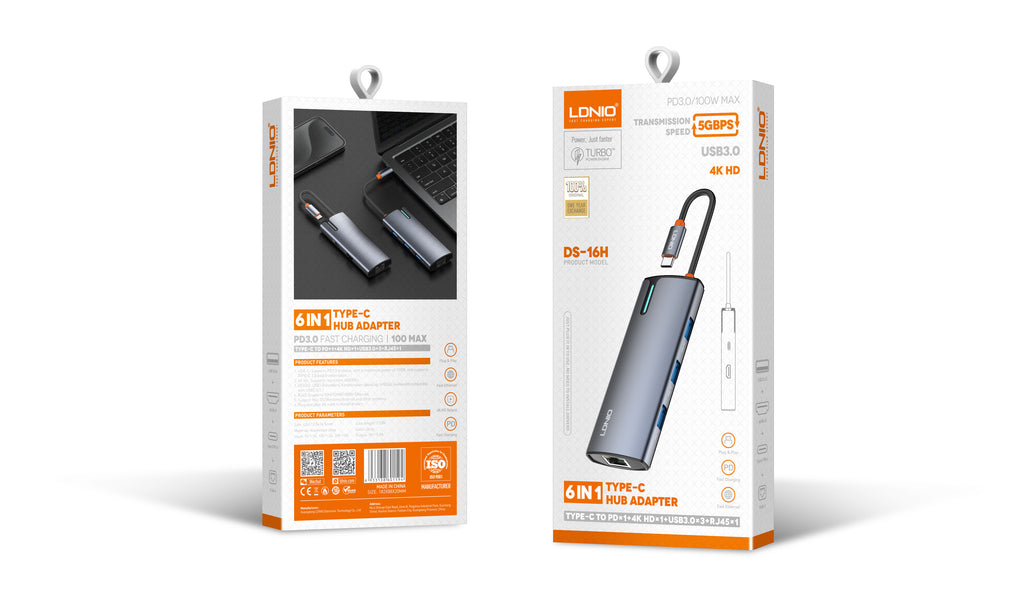 Hub USB-C LDNIO DS-16H 6 en 1 con HDMI 4K, USB 3.0 y RJ45