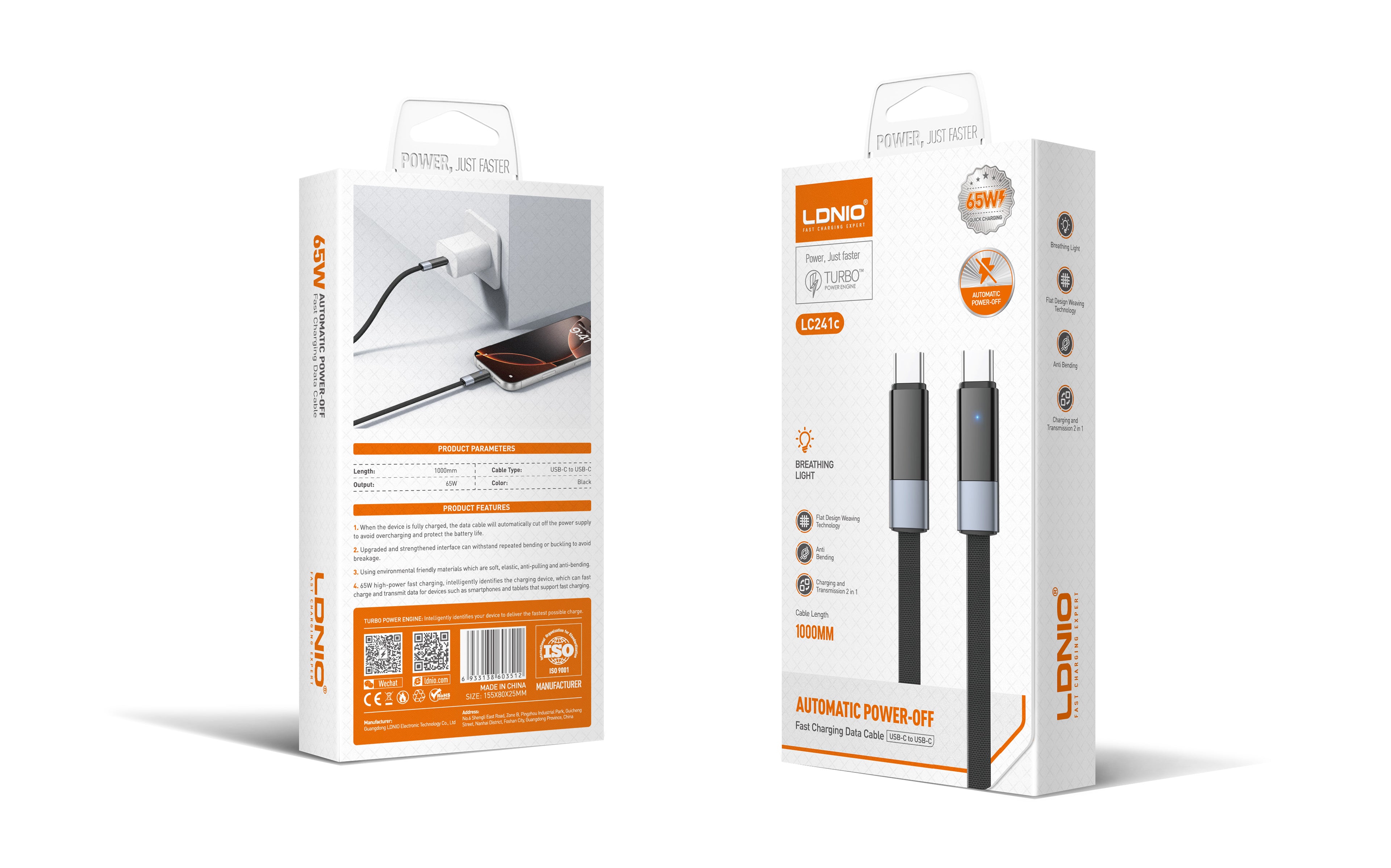 Cable USB-C a USB-C LDNIO LC241C 65W con Desconexión Automática Inteligente