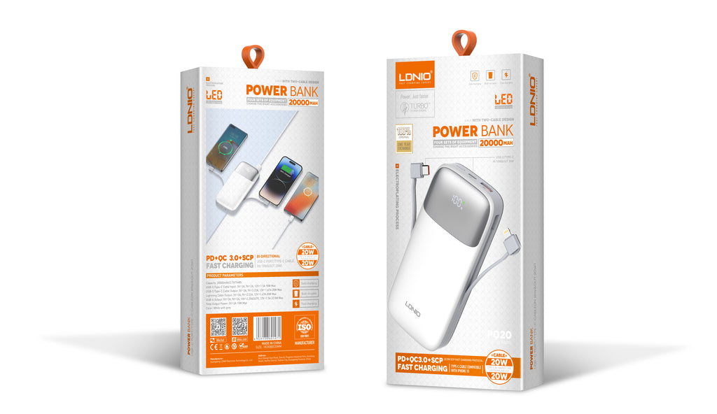 Power Bank LDNIO PQ20 20000mAh con Cable Integrado y Carga Rápida 20W