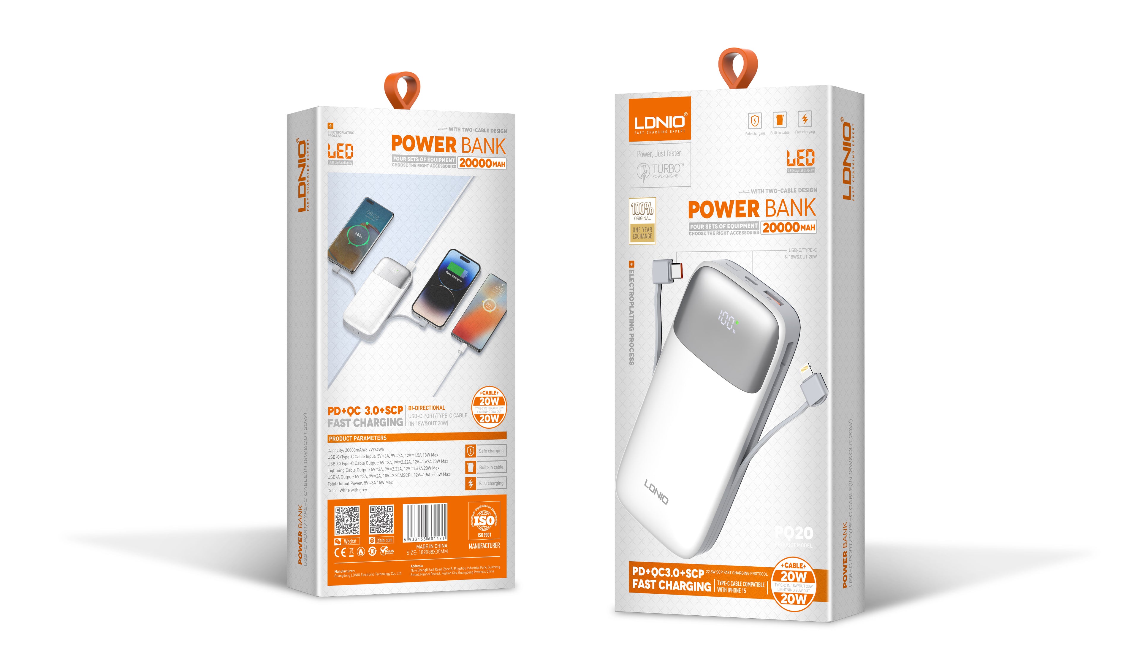 Power Bank LDNIO PQ20 20000mAh con Cable Integrado y Carga Rápida 20W