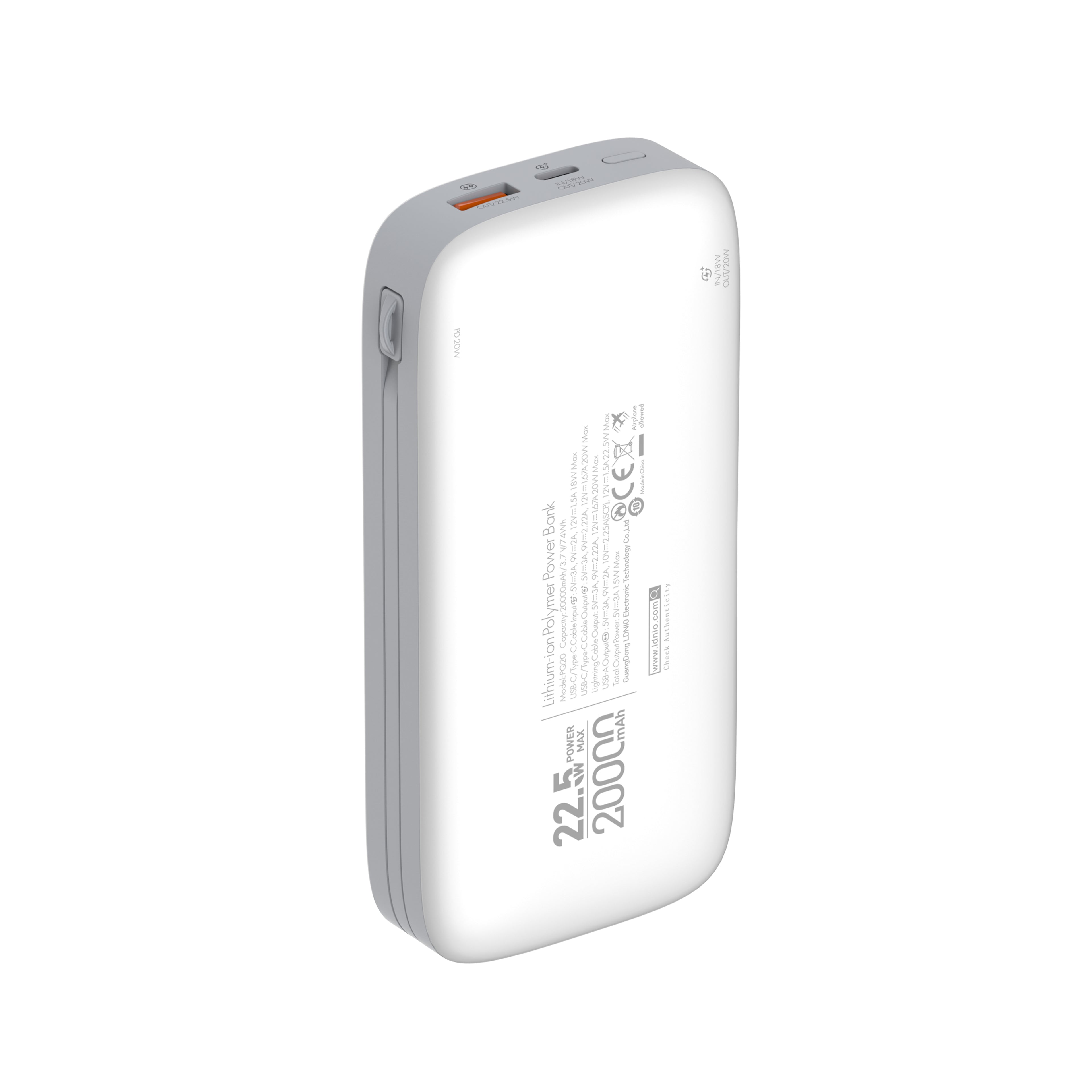 Power Bank LDNIO PQ20 20000mAh con Cable Integrado y Carga Rápida 20W