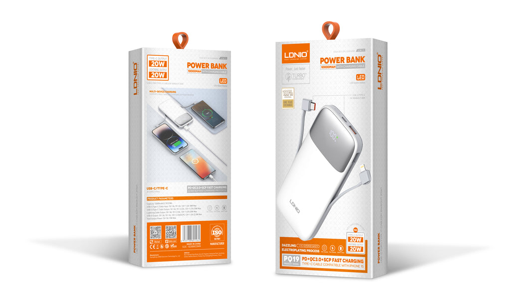Power Bank LDNIO PQ19 10000mAh con Cable Integrado y Carga Rápida 20W