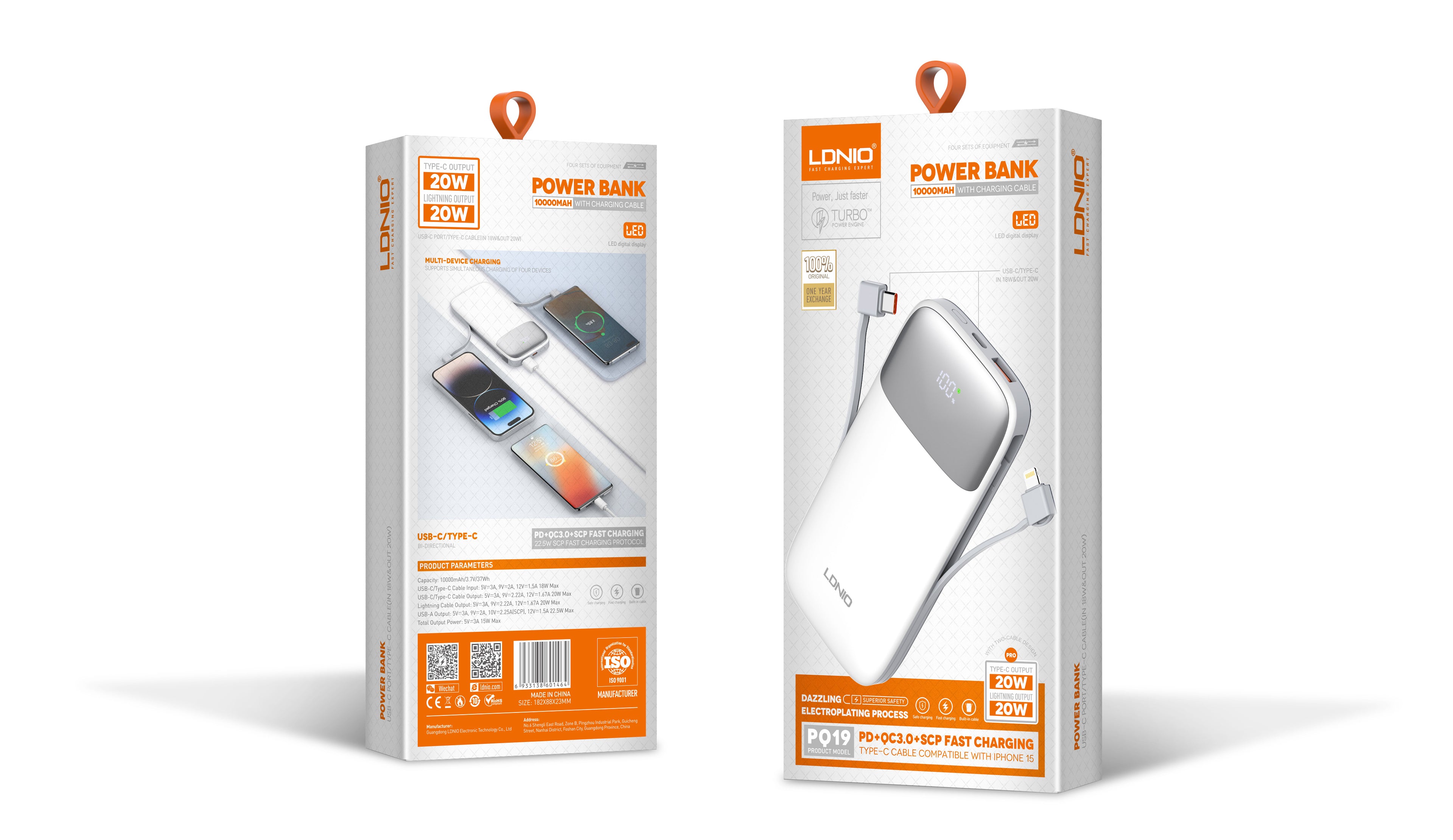 Power Bank LDNIO PQ19 10000mAh con Cable Integrado y Carga Rápida 20W