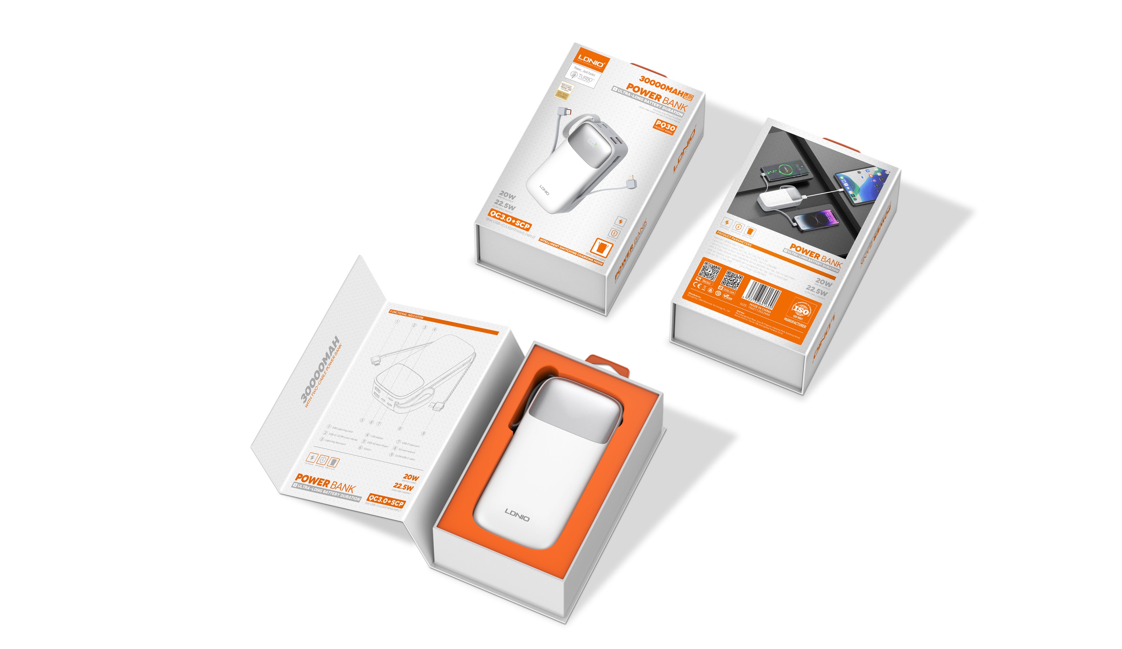 Power Bank LDNIO PQ30 30000mAh con Carga Rápida 22.5W y Cables Integrados
