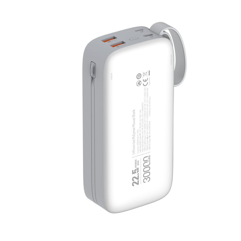Power Bank LDNIO PQ30 30000mAh con Carga Rápida 22.5W y Cables Integrados