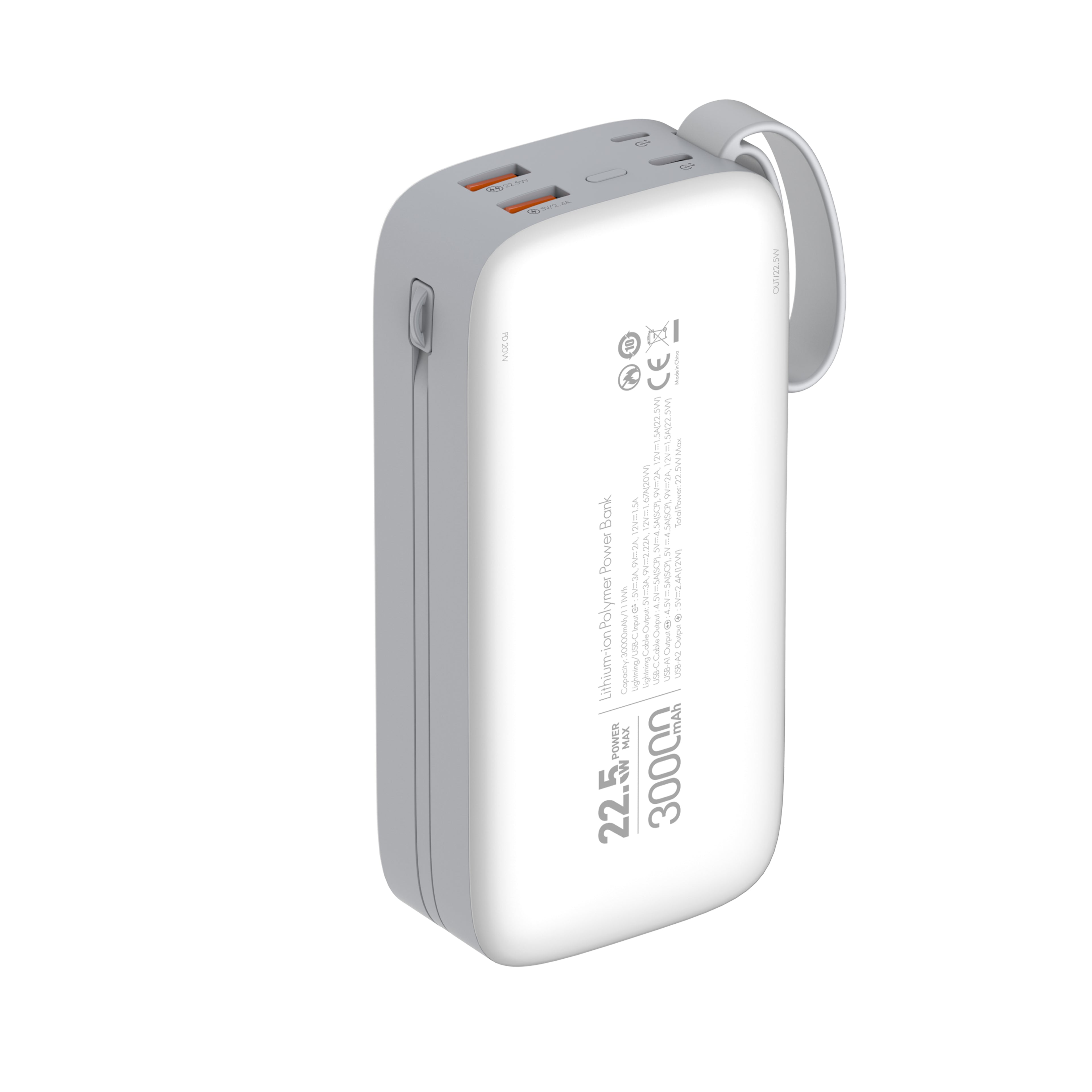Power Bank LDNIO PQ30 30000mAh con Carga Rápida 22.5W y Cables Integrados