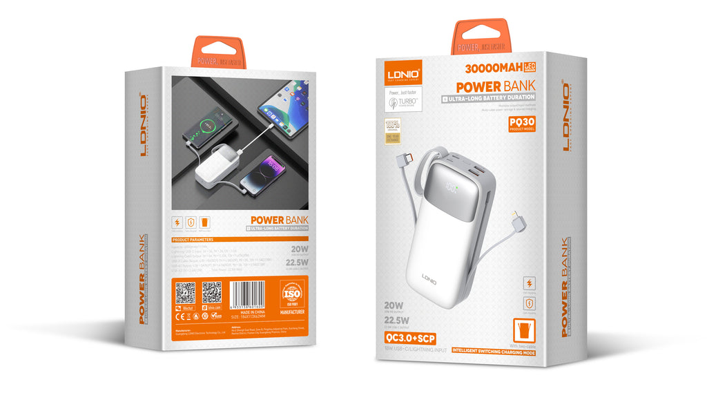 Power Bank LDNIO PQ30 30000mAh con Carga Rápida 22.5W y Cables Integrados