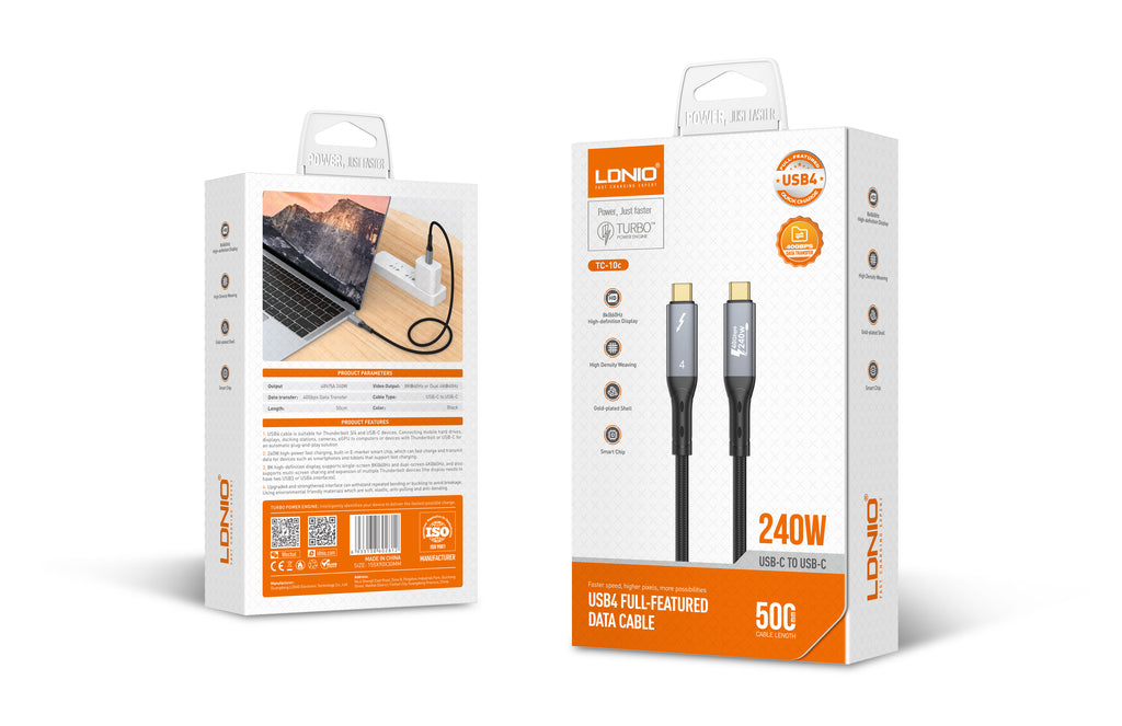 Cable USB-C a USB-C LDNIO TC-10C USB4 240W 50cm Carga Rápida y Transferencia de Datos