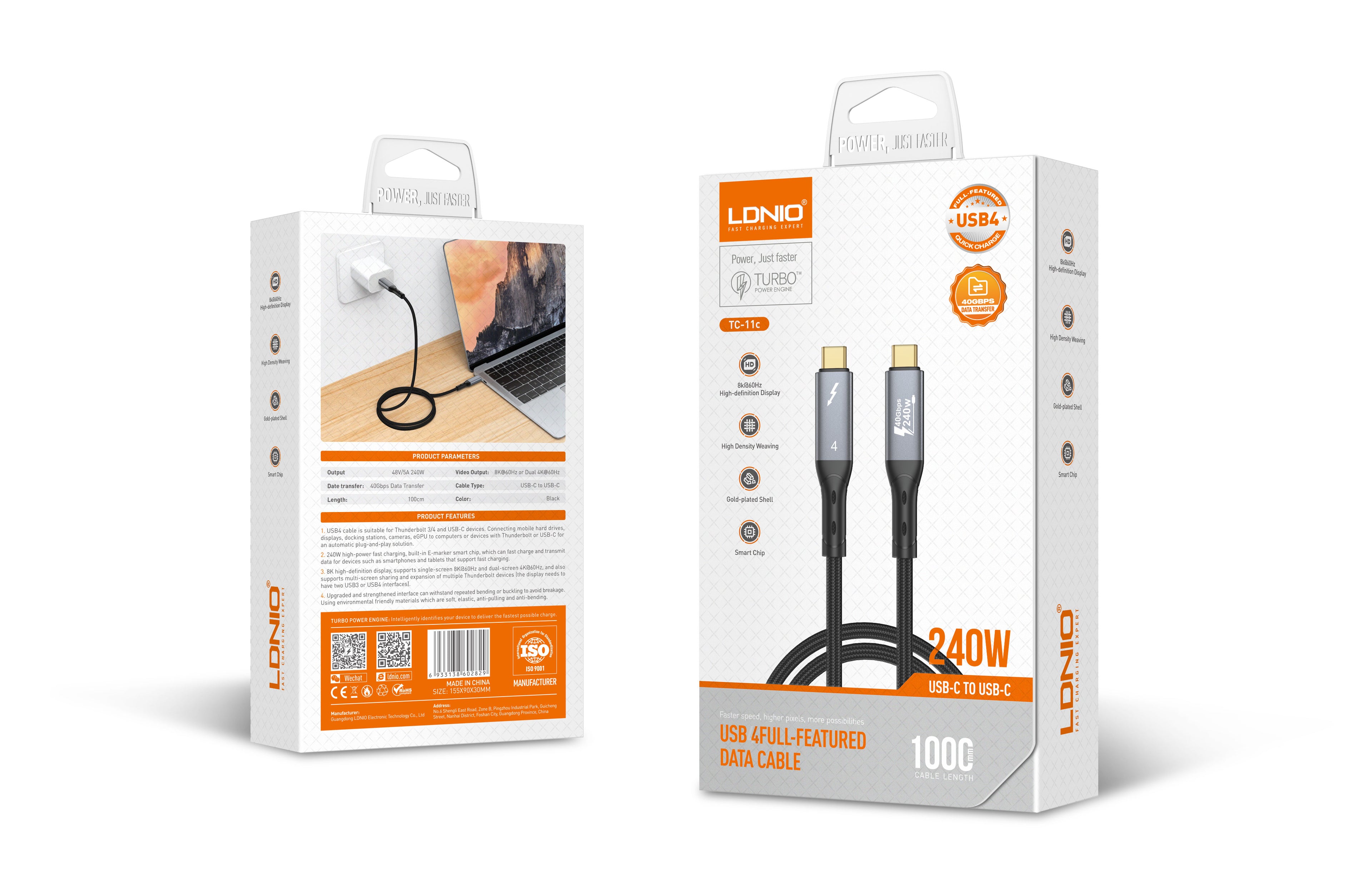 Cable USB-C a USB-C LDNIO TC-11C USB4 240W 1 Metro Carga Rápida y Transferencia de Datos